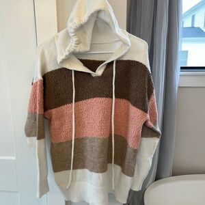 Threaded Pear Boutique SZ Large Women’s Hooded Soft Sweater Striped Neutrals, LN